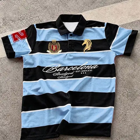 Men's Vintage Preppy Style Polo Shirt, Striped & Horse Print, Fall Clothes, Short-Sleeve Collared Top, Suitable for School, Vacation and Daily Wear