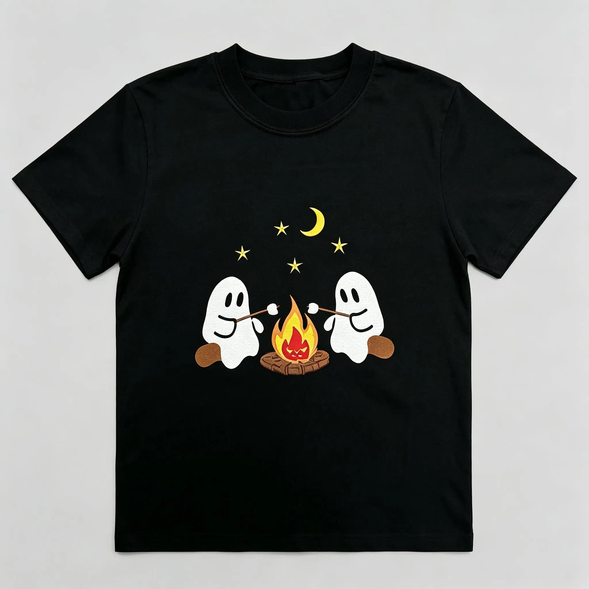 Women's Trendy Oversized Cotton Short-Sleeve Graphic Sweatshirt - Embroidered Ghosts, Camping, Spooky Season Halloween Apparel