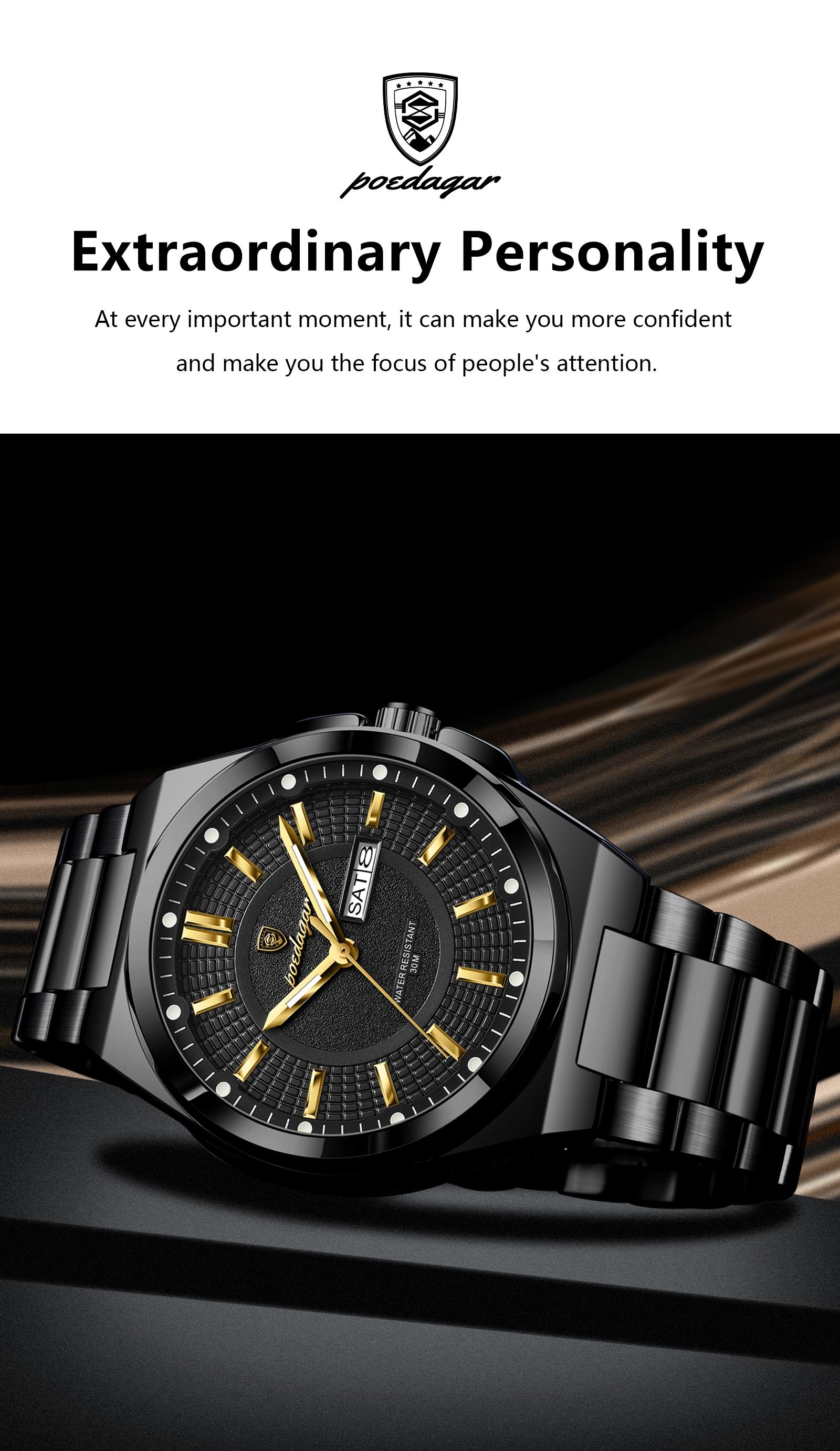 Poedagar Top Business Men's Watches, Stainless Steel Waterproof Luminous Man Watch, Date Week Display, Casual Fashion Quartz Wristwatch, Casual Trendy Wristwatch, Stylish Watch