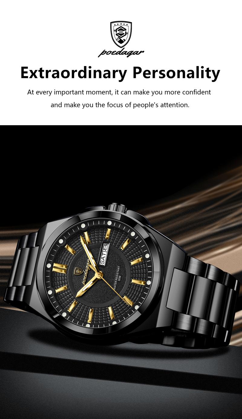 Poedagar Top Business Men's Watches, Stainless Steel Waterproof Luminous Man Watch, Date Week Display, Casual Fashion Quartz Wristwatch, Stylish Watch