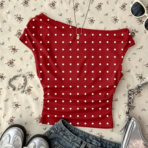 Y2K Style Asymmetrical Neckline Tee, Women's Chic Slim-Fit Ruched Short Sleeve T-shirt, Casual Basic Top, Trendy Summer Wear, Casual Daily Top