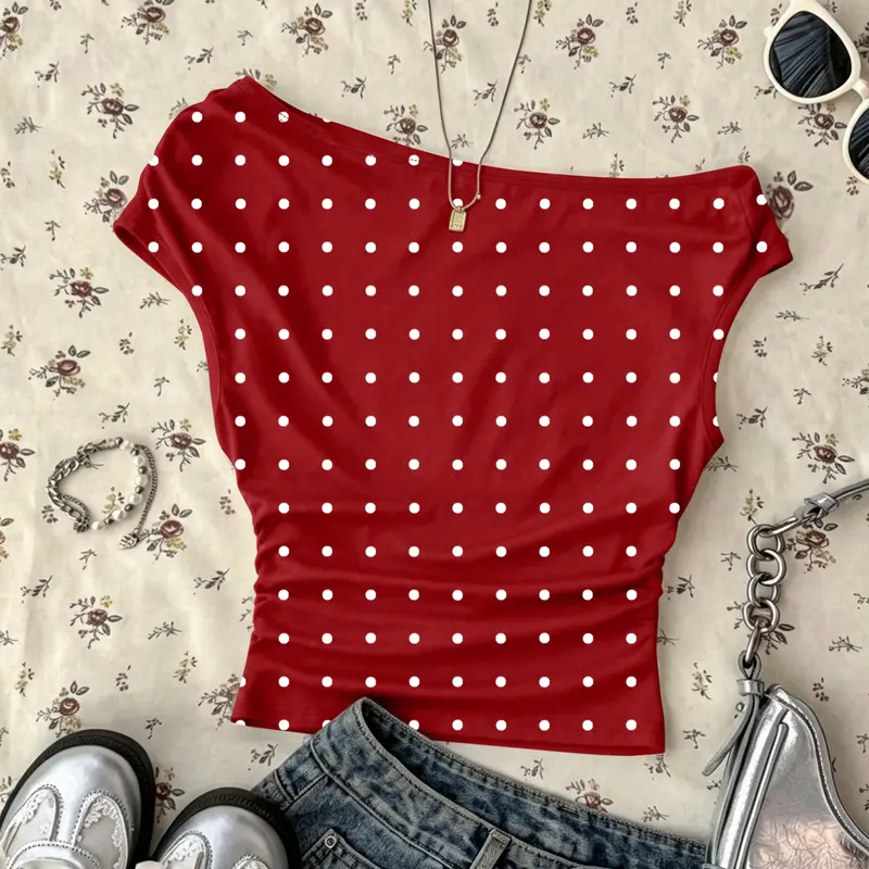 Y2K Style Asymmetrical Neckline Tee, Women's Chic Slim-Fit Ruched Short Sleeve T-shirt, Casual Basic Top, Trendy Summer Wear, Casual Daily Top