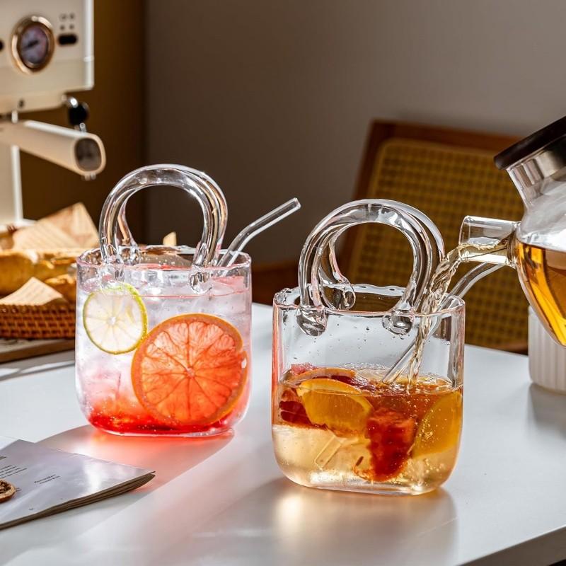 1 Count Glass Purse for Drinks, Stylish Drinkware,Unique Thick Wine Glasses Gifts ,Fish Bowl Vase,Creative Drinking Glass for Fruit Juice,Tea,Coffee,Flowers,Unique Wedding Anniversary or Birthday Gift