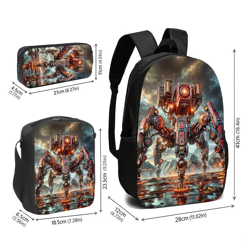 Sci-fi mecha-themed backpacks, handbags, and pencil cases featuring a design of a red heavy mech set against a ruined battlefield backdrop; the high-definition prints are durable and fade-resistant. Features include adjustable shoulder straps and a high-c
