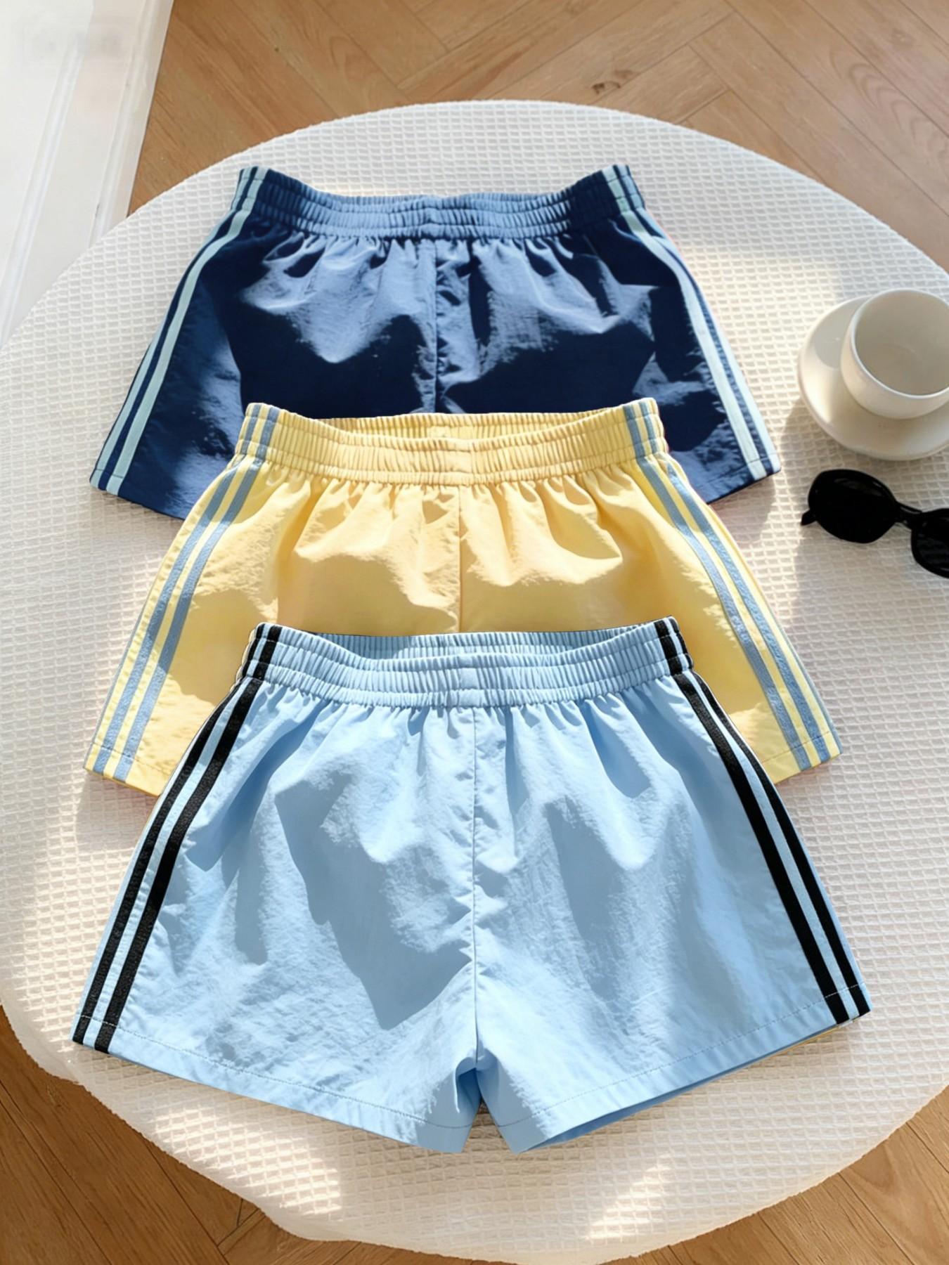 Women's Summer Striped Lightweight Athleisure Shorts, Elastic Waist Loose-Fit Workout Shorts, Casual Beachwear, Multiple Colors Available, Loose Sporty Shorts