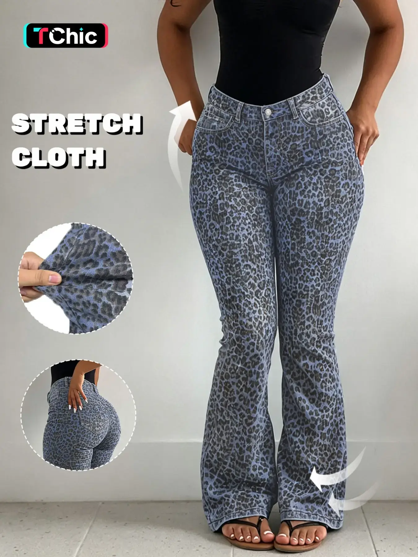 GILIPUR Women's Blue Leopard Print High Stretch Mid-Rise Butt Lifting Flare Jeans, Slim Fit Bootcut Long Denim Pants, Y2K Streetwear Clubwear Night Out Date Party Outfits for Women TChic