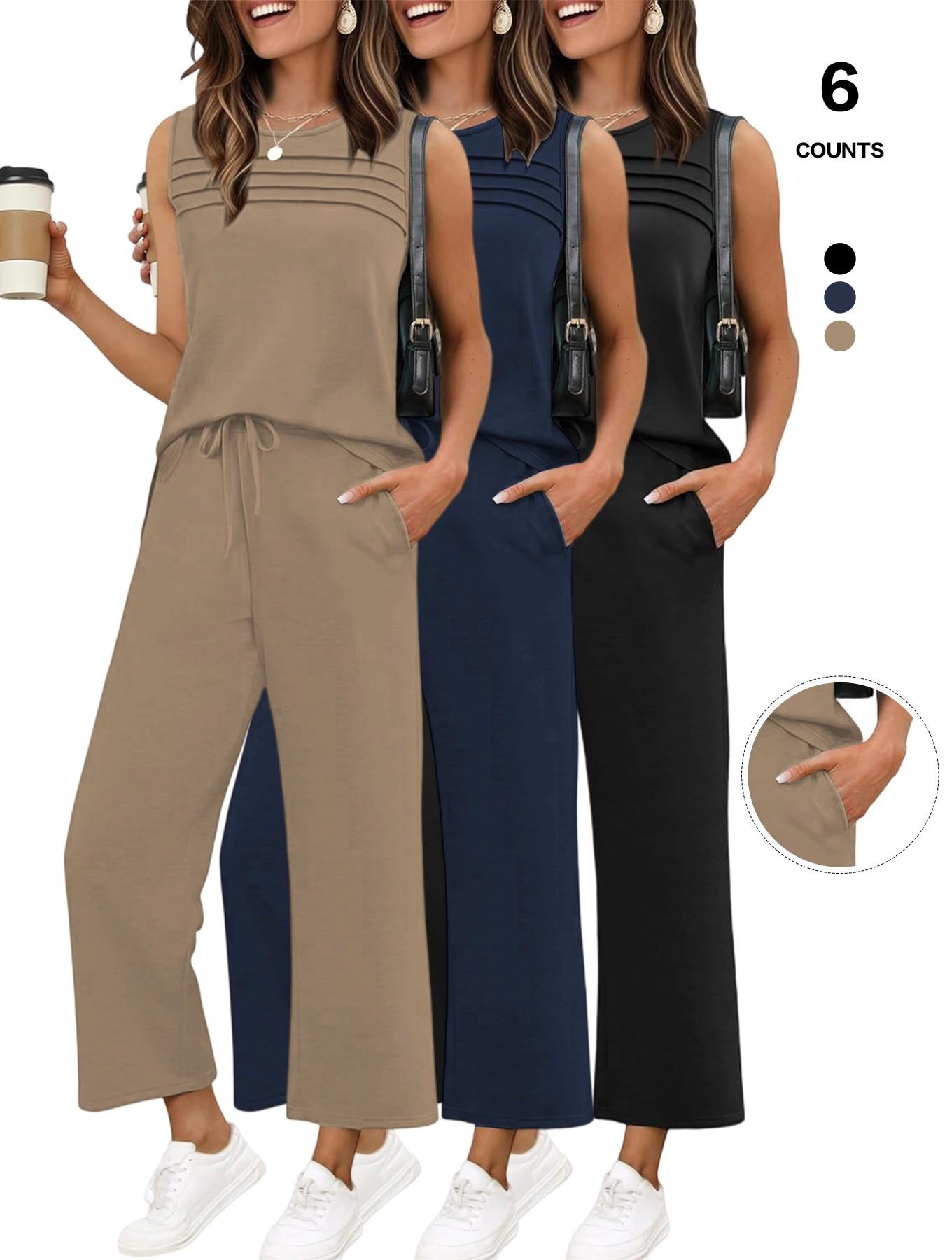 Women's 2 Piece Summer Outfit, Fitted Sleeveless Crewneck Tank Top with Shadow Stripes and High Waist Drawstring Wide Leg Pants with Pockets, Casual Lounge Set