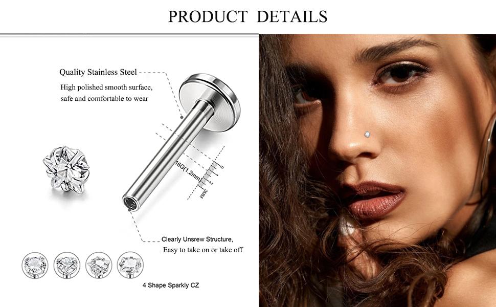 Hypoallergenic Jewelry 4-Pair 16G Stainless Steel CZ Accent Labret Studs - Body Piercing Jewelry for Lip, Nose, Tragus Cartilage, Casual Everyday Wear for Men, Women, Cz Accents