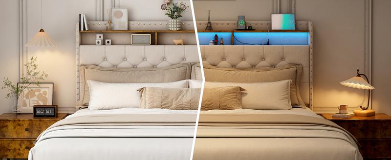 King Size Bed Frame with 3 Drawers, 2-Tier Storage Headbord, Bed Frame with Storage, LED Lights and Charging Station, Upholstered Platform Bed Frame, Wood Slats Support Bedroom Furniture