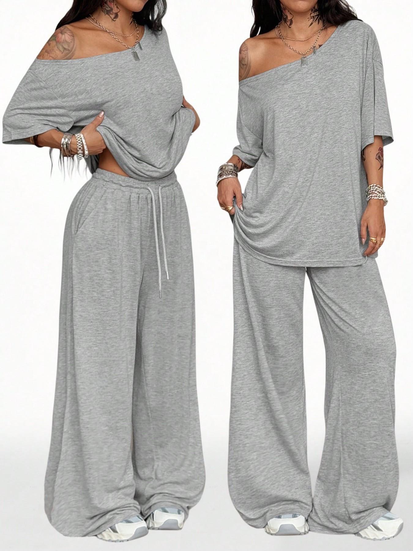 Women's Casual Solid Color Sport Two-Piece Set, Loose Long Pants & Wide Leg Slant Neck Pant Suit, Spring & Fall Fashion