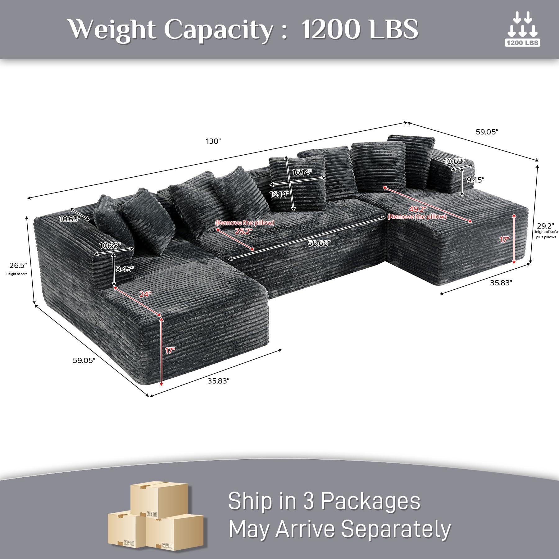 【3 Packages Shipping】Modular Sectional Sofa Cloud Couch 131" Black Boneless Sectional Couches for Living Room Comfy Deep Seat Plush Corduroy Sofa Modern Fluffy Memory Foam U Shape Couch with Chaise Lounge Modular Sectional Couch