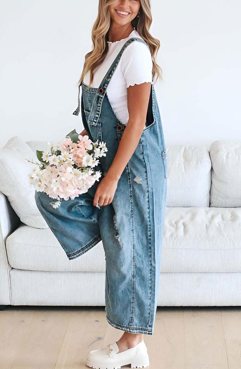 Chouyatou Women Loose Adjustable Strap Denim Bib Overall Jeans Distressed Wide Leg Baggy Overalls Jumpsuit