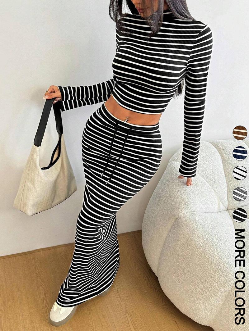 Women's Striped Print Long Sleeve Top & Skirt Two-Piece Set, Elegant Casual Outfits for Daily Outdoor Wear, Women's Clothes for All Seasons, Airport Outfit