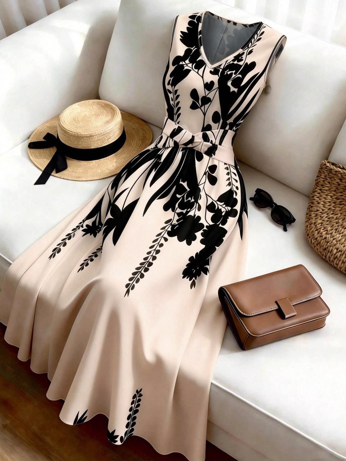 Women's Fashion Casual Sleeveless Floral Print Dress, Waist-Cropped Flare Skirt, Summer Vacation, Office, Beach, Graduation Party
