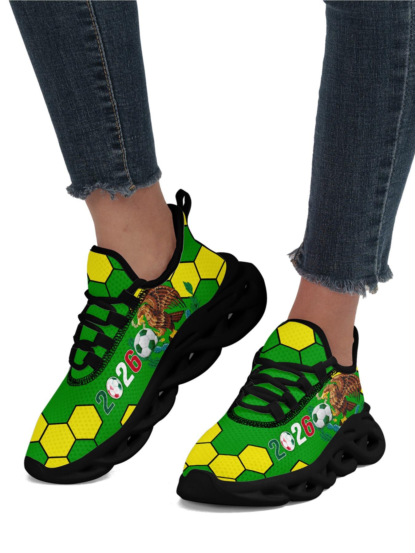 Men's Mexico 2026 Green Yellow Soccer Eagle Print Sport Shoes, Wide Fit, Plus Size, Trendy Casual Sneakers for Daily Walking, Gym & Outdoor