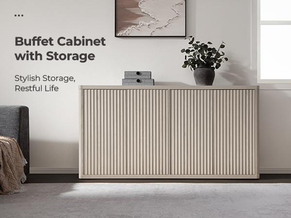 SICOTAS Buffet Cabinet with Storage Accent Sideboard with 4 Doors 66.3" Wide Fluted Credenza Modern Buffet Table Media Console Cabinet Entryway Cabinets for Living Room Kitchen Dining Room Hallway, Minimalist and Practical