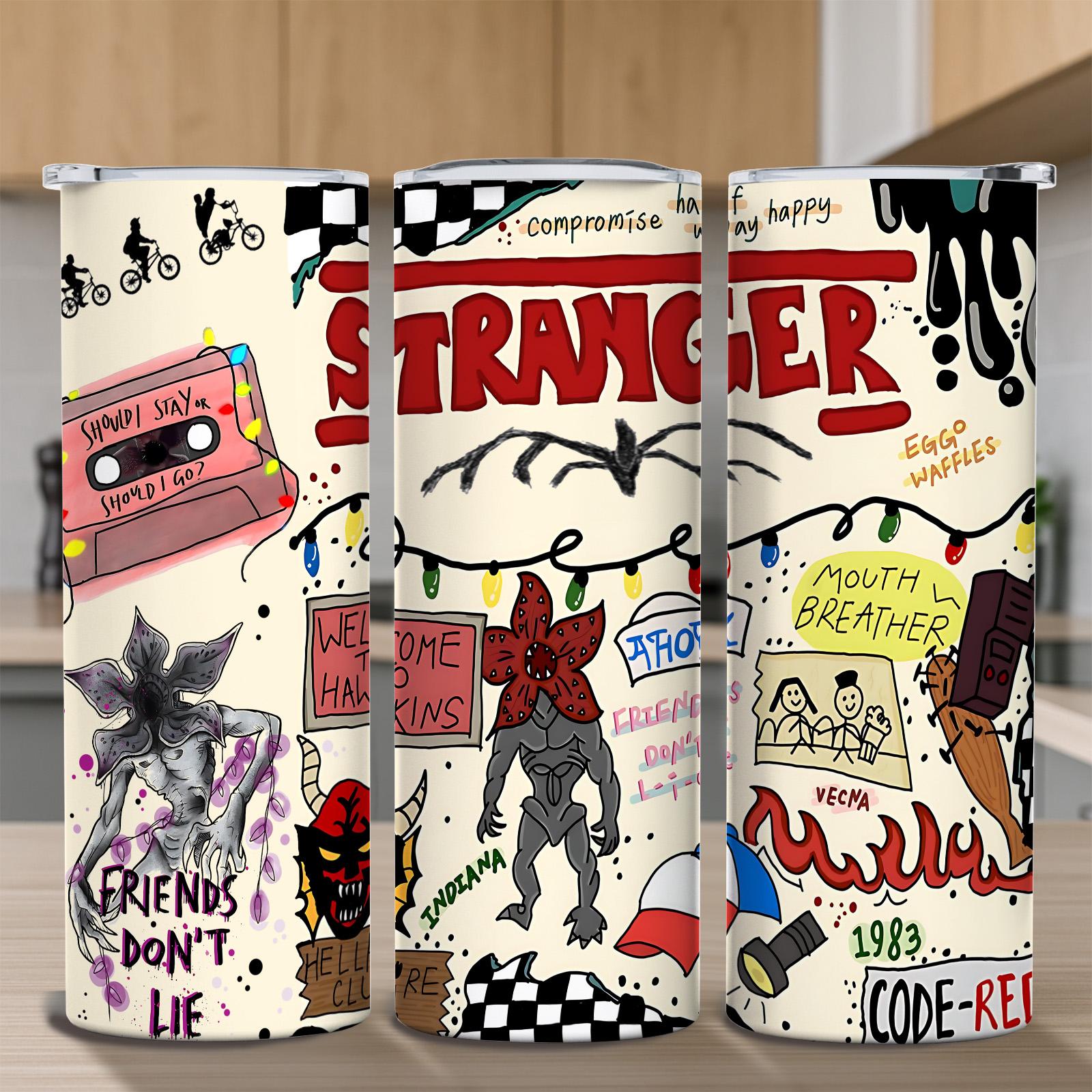 1 Pc 20oz Skinny Vacuum Cup, Tumbler, Funny Dad Tumbler, Insulated Travel Drinkware, Retro 80s sci fi doodle collage, monster art, double wall steel, leak proof lid, keeps hot 12 hours, cold 24 hours, movie fan gift, gift for friends