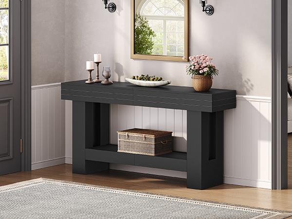 MAHANCRIS Modern Black Entryway Table with Storage, 63'' Long Farmhouse Console Table, 2-Tier Wood Sofa Table Behind Couch, with Grooved Design, for Living Room, Hallway, Corridor, Black