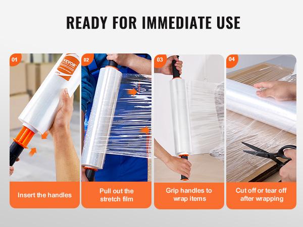 VEVOR Stretch Film, 15 inchesx 1000 feet, 4 Pack, 60 Gauge Industrial Strength Clear Durable Stretch Wrap Roll, Heavy Duty Shrink Film Stretch Wrap with Handles for Pallet Wrapping Shipping Moving