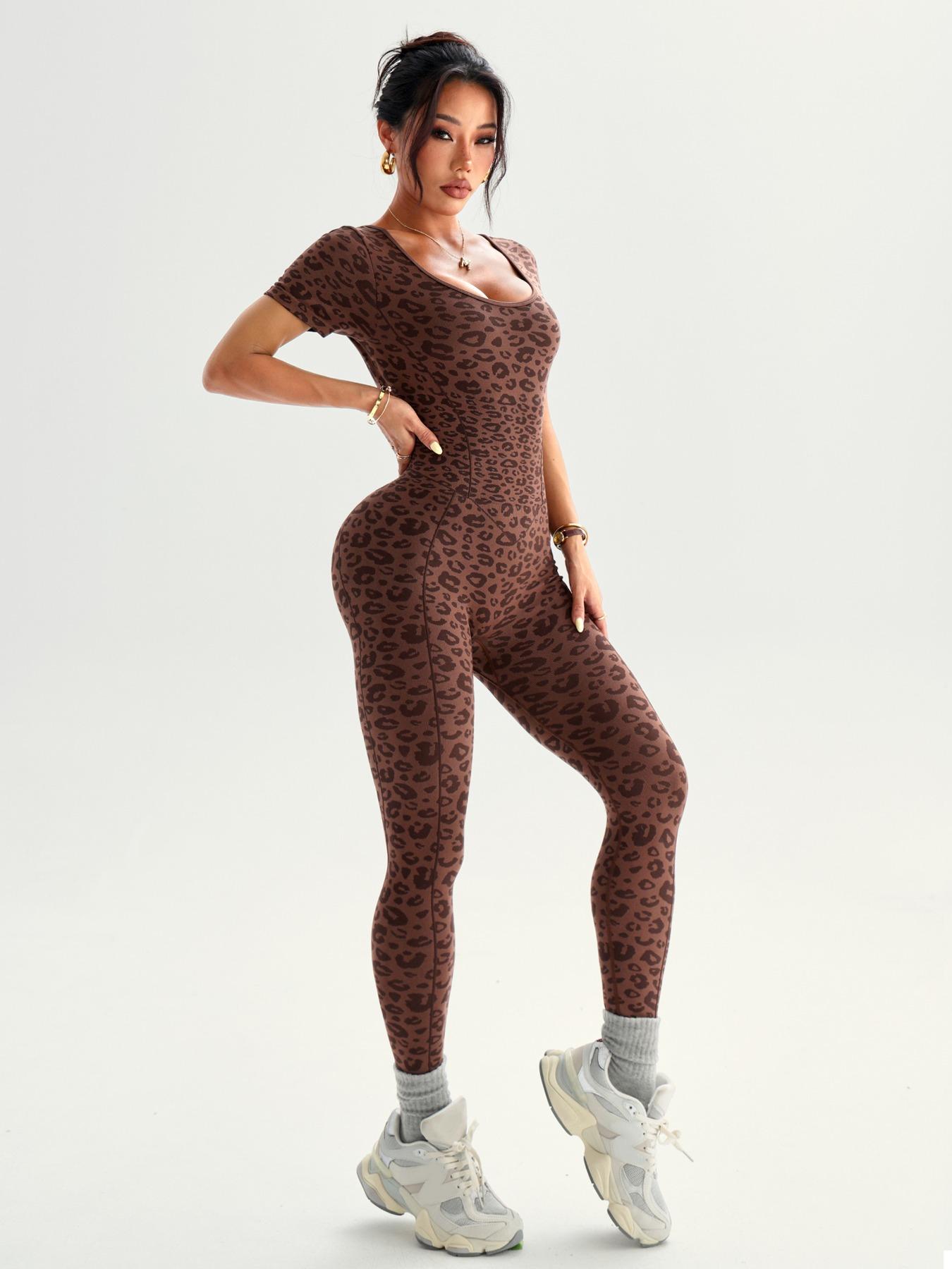 Women's Seamless High Stretch Leopard Print Backless Short Sleeve Long Pants Jumpsuit Butt Lifting Tight Yoga Sports Gym Jumpsuit Sportswear Jumpsuits
