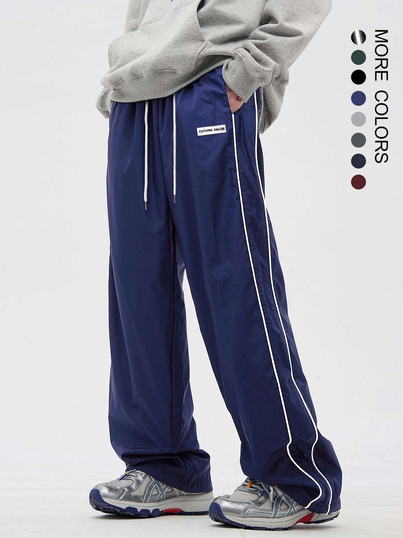 Men's Side Stripe Drawstring Waist Straight Leg Pants, Casual Pocket Letter Patched Trousers for Fall & Winter, Loose Menswear, Drippy Outfits