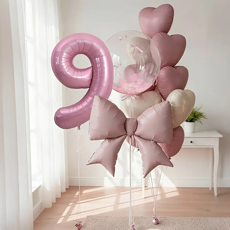 13-piece Balloon kit, Pink Birthday party Decoration balloon, 32 inch digits 0-9, contains 1 number, 1 bow, 7 hearts, 1 ribbon, 1 pack of simulation petals, 1 glue, suitable for princess birthday party, Valentine's Day, anniversary, room decoration