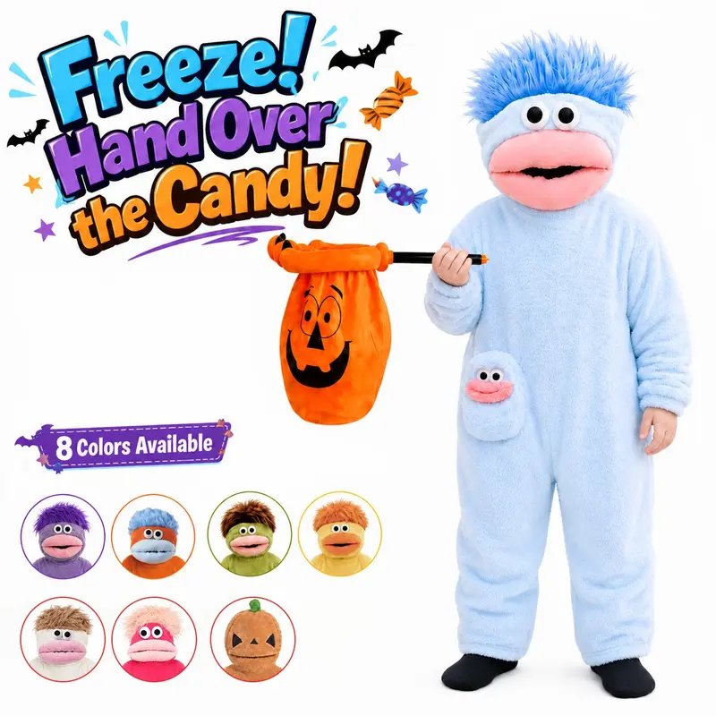 Kids Funny Monster Halloween Costume with Pumpkin Candy Bag, Cute Plush One-Piece Onesie, Daily Loungewear & Sleepwear Cosplay