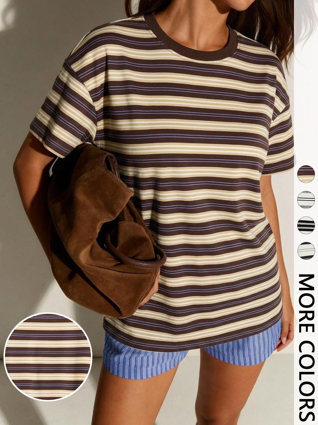 Striped Oversized Round Neck Short Summer Tee with Contrast Neckline, Effortlessly Cool Casual Chic Everyday Top Fit Striped Oversized Round Neck Short Summer Tee with Contrast Neckline, Effortlessly Cool Casual Chic Everyday Top Fit