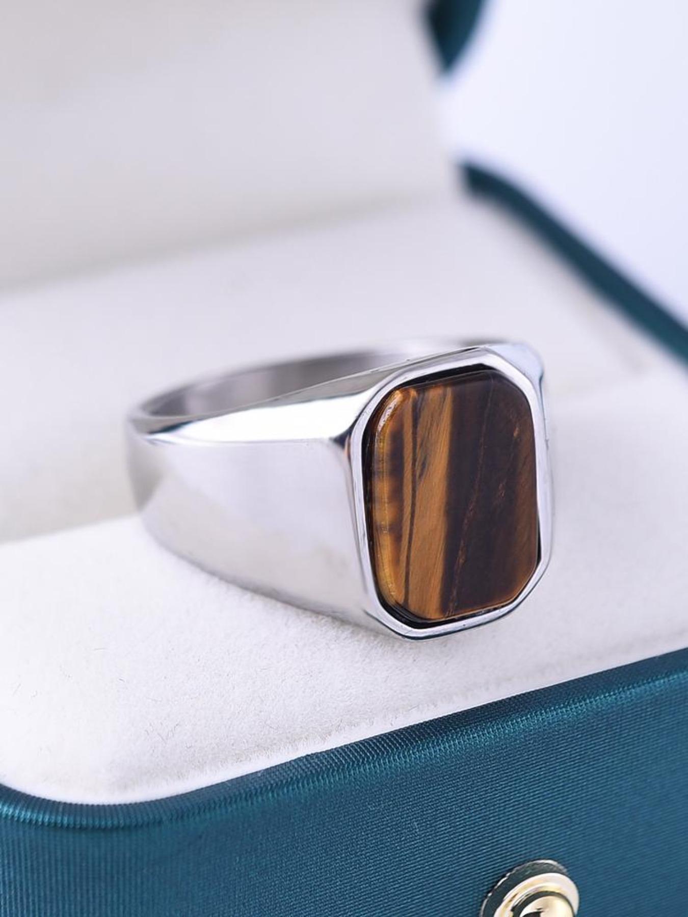 Vintage Turquoise Men's Stainless Steel Ring, Natural Agate Vein, Unique Gemstone Accessory