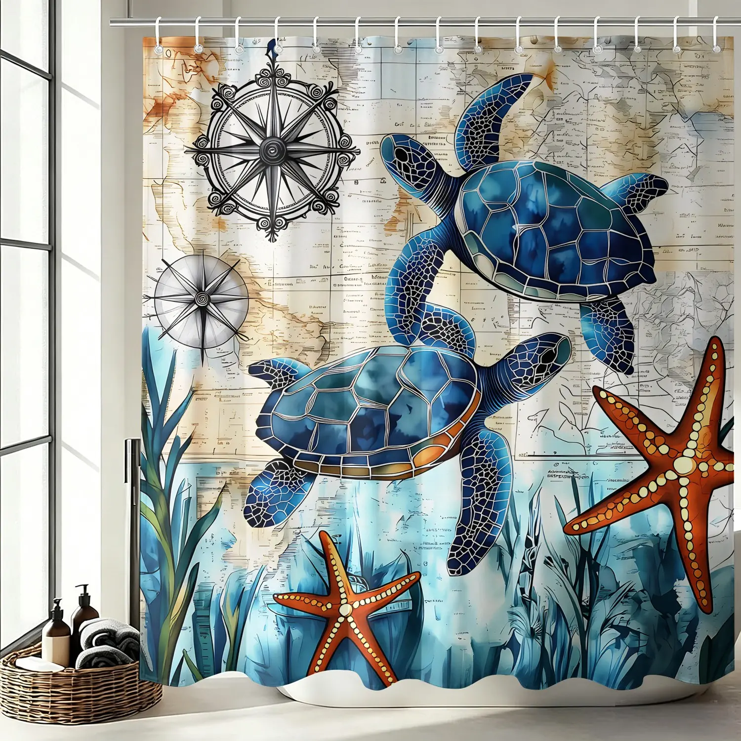 Vintage Nautical World Map Compass Sea Turtle Starfish Shower Curtain, 72X72 Inch Free Hooks， Retro Ocean Seaweed Coastal Bathroom Decor, Waterproof Mold Resistant Bath Curtain, Ideal Decor Gift For Beach House & Coastal Apartment Renovation