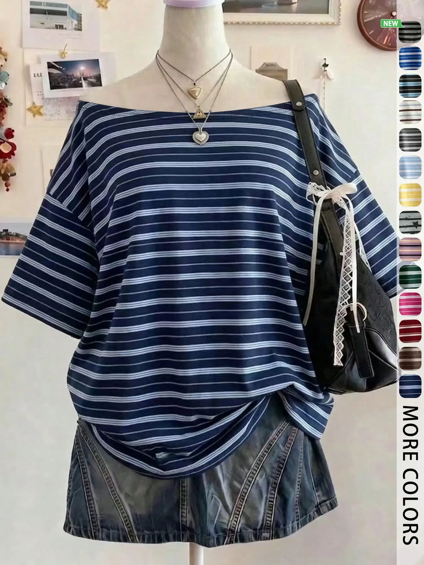 Women's Off-Shoulder Striped T-Shirt, Casual Loose Short-Sleeve Top, Suitable For Shopping, Vacation And Daily Outings