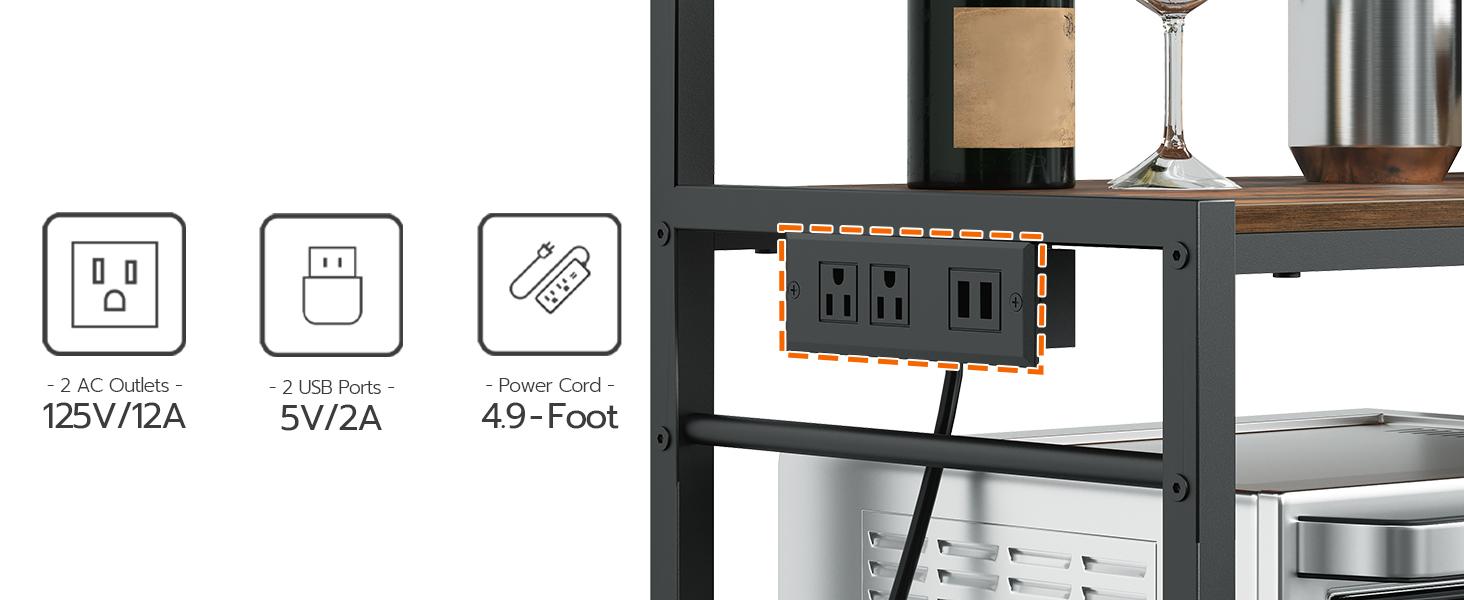 Rack with Power Outlet, Kitchen Storage Shelf with 6 Hooks, Microwave Stand with Storage, 4-Tier Coffee Bar Station, for Kitchen, Dining Room, Rustic Brown and Black BRHR351E01