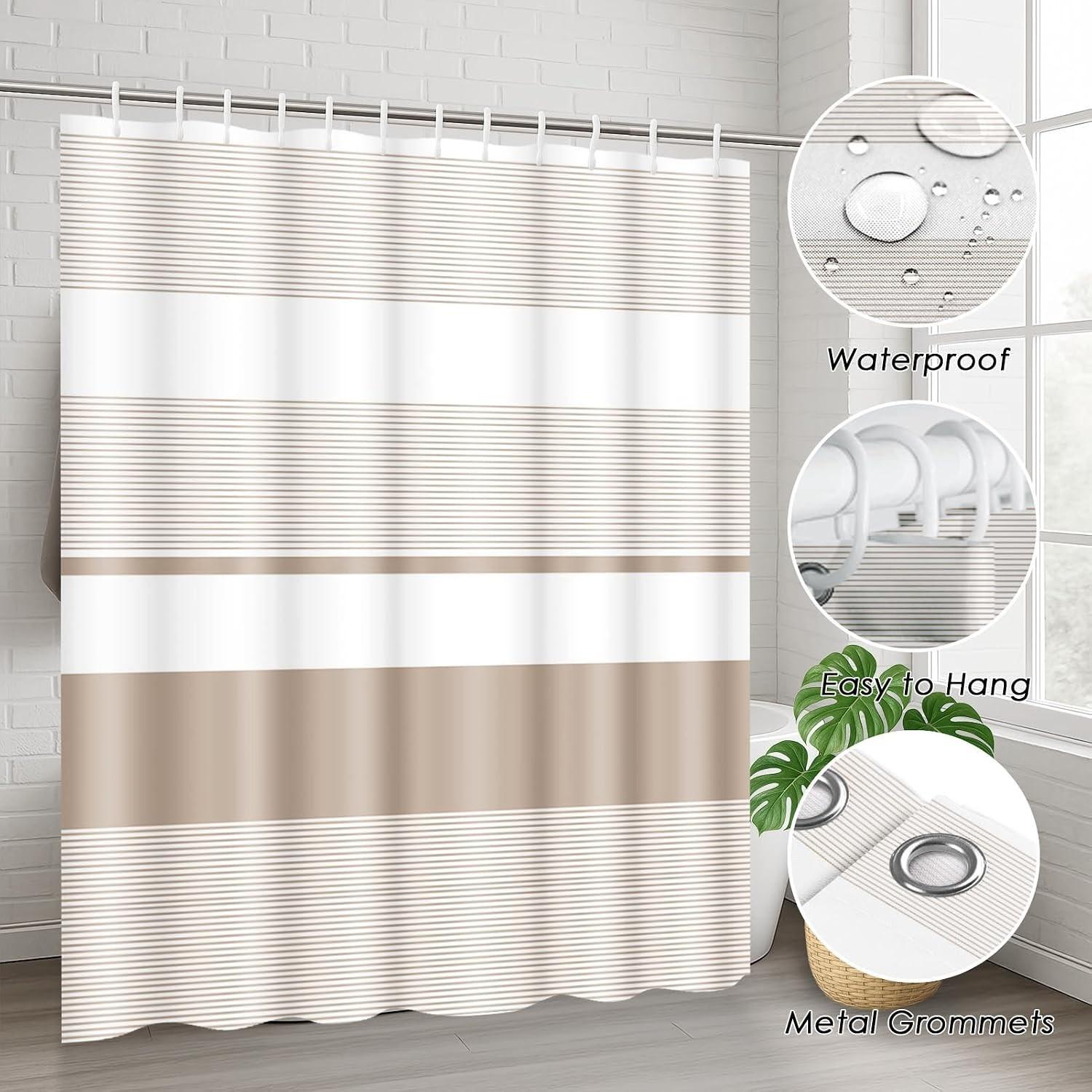 Bathroom Sets with Shower Curtain and Rugs, 4 Pcs, Abstract Striped | Modern Beige Simple Bathroom Decor Set with Toilet Lid Cover, Non-Slip Bath Mats and Accessories 12 Hooks
