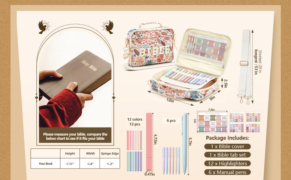 Bible Bag for Women, Floral Bible Bag 12x9x2.5in Large Chenille Letter Bible Cover PU Leather Bible Case with Tabs Colored Pen Highlighters Tote Bag with Shoulder Strap, Bible Journaling Kit Easter Gift for Church Women Girls,Sunday Prayer Supplies
