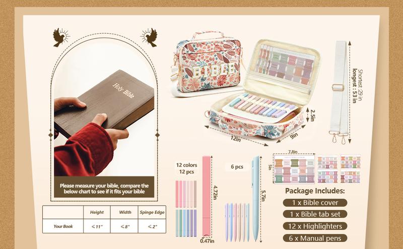 Valentine Gift Bible Bag for Women, Floral Bible Bag 12x9x2.5In Large Chenille Letter Bible Cover PU Leather Bible Case with Tabs Colored Pen Highlighters Tote Bag with Shoulder Strap, Bible Journaling kit for Church Christian Girls,Sunday Prayer Supplies
