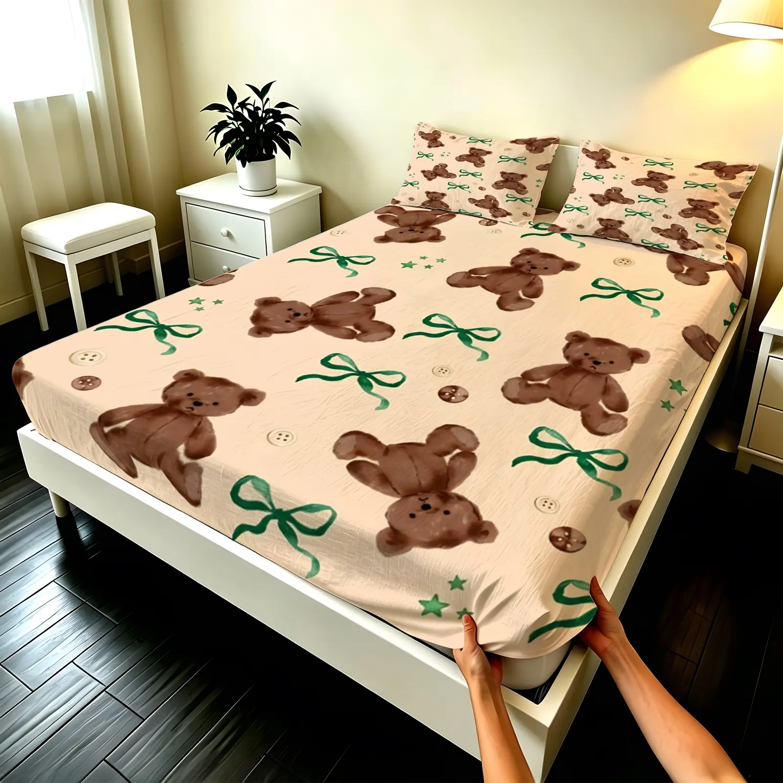 3pcs Fitted sheet Teddy Bear Green Bow Print Bedding Set, Soft Microfiber Fitted Bed Sheets, Wrinkle Resistant Fade Proof Breathable Comfortable Bed Cover for Bedroom Guest Room, Fit Twin Full Queen King Size Bedsheet