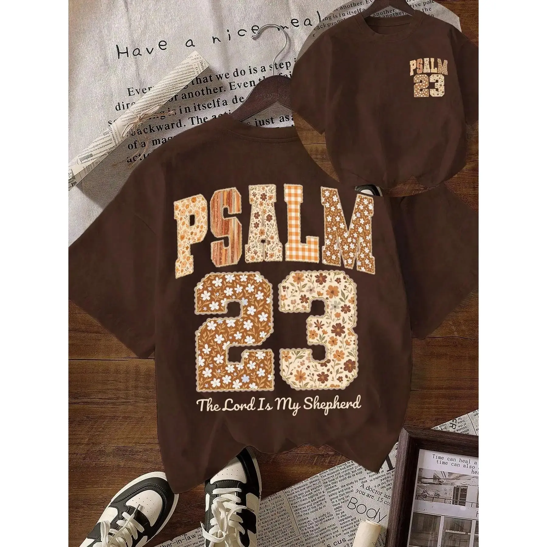 Trendy Christian "The Lord Is My Shepherd" T-Shirt Top, Brown Oversized Fit with Patchwork Floral Print, Women's Casual Religious Clothing, Womenswear