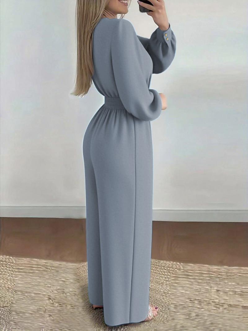 A set of casual women's waist cinched Belted jumpsuit V-neck bubble sleeve wide leg pants, suitable for autumn and winter, suitable for home, indoor, and outdoor wear A set of casual women's waist cinched Belted jumpsuit V-neck bubble sleeve wide leg pants, suitable for autumn and winter, suitable for home, indoor, and outdoor wear