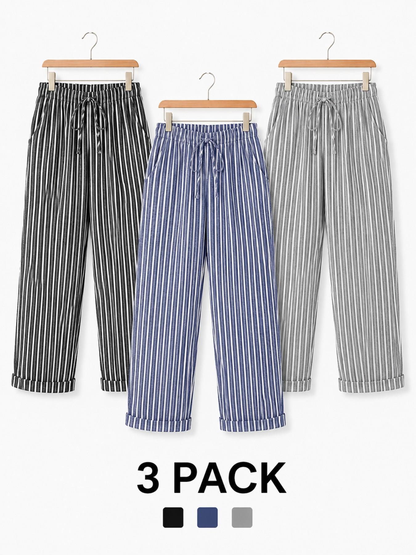 Women's Capri Pants, Cropped Wide Leg Striped Pants with Elastic Drawstring Waist   Side Pockets, Loose Fit Casual Streetwear Trousers for Women, Machine Washable Back To School College Outfit, Travel & Everyday Wear