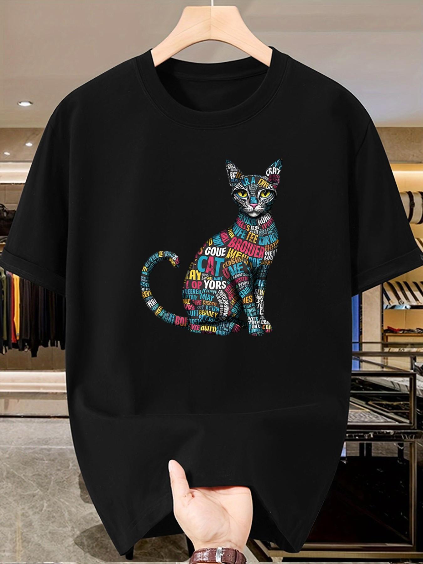 Artistic Word Puzzle Cat Short Sleeve T-Shirt, Summer Slim Fit Casual Top, Boys' Fashionable Tee, Unique Design, Cool Look
