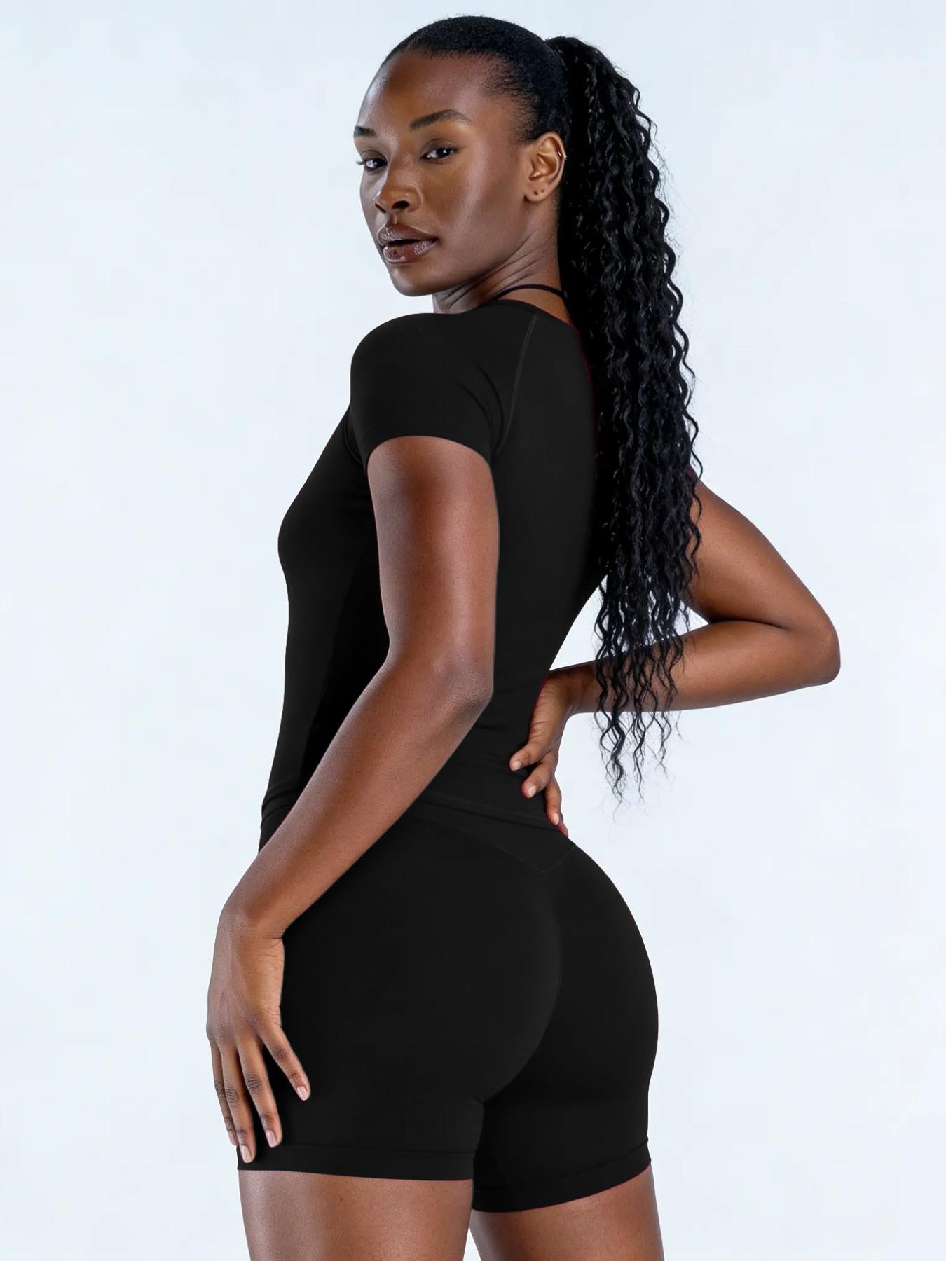 Women's New Nylon High Stretch Moisture Wicking Seamless Short Sleeve Fitness T-Shirt, Butt Coverage Long Sleeves