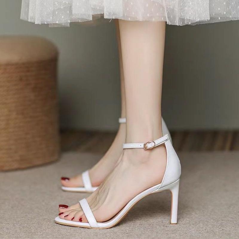 French Elegant Fashion Sandals for Women Versatile Sexy Thin Heel One Strap Buckle Open Toe Summer High Heels