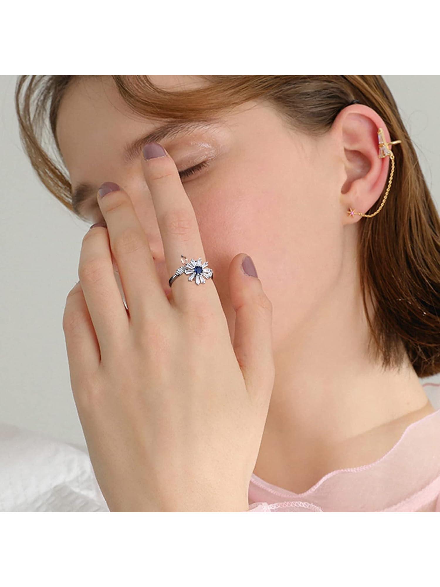 6Pcs Fidget Anxiety Rings for Women Spinner Fidget Rings for Anxiety Adjustable Flower Bead Stress Relief Spinning Stackable Ring Set, Green