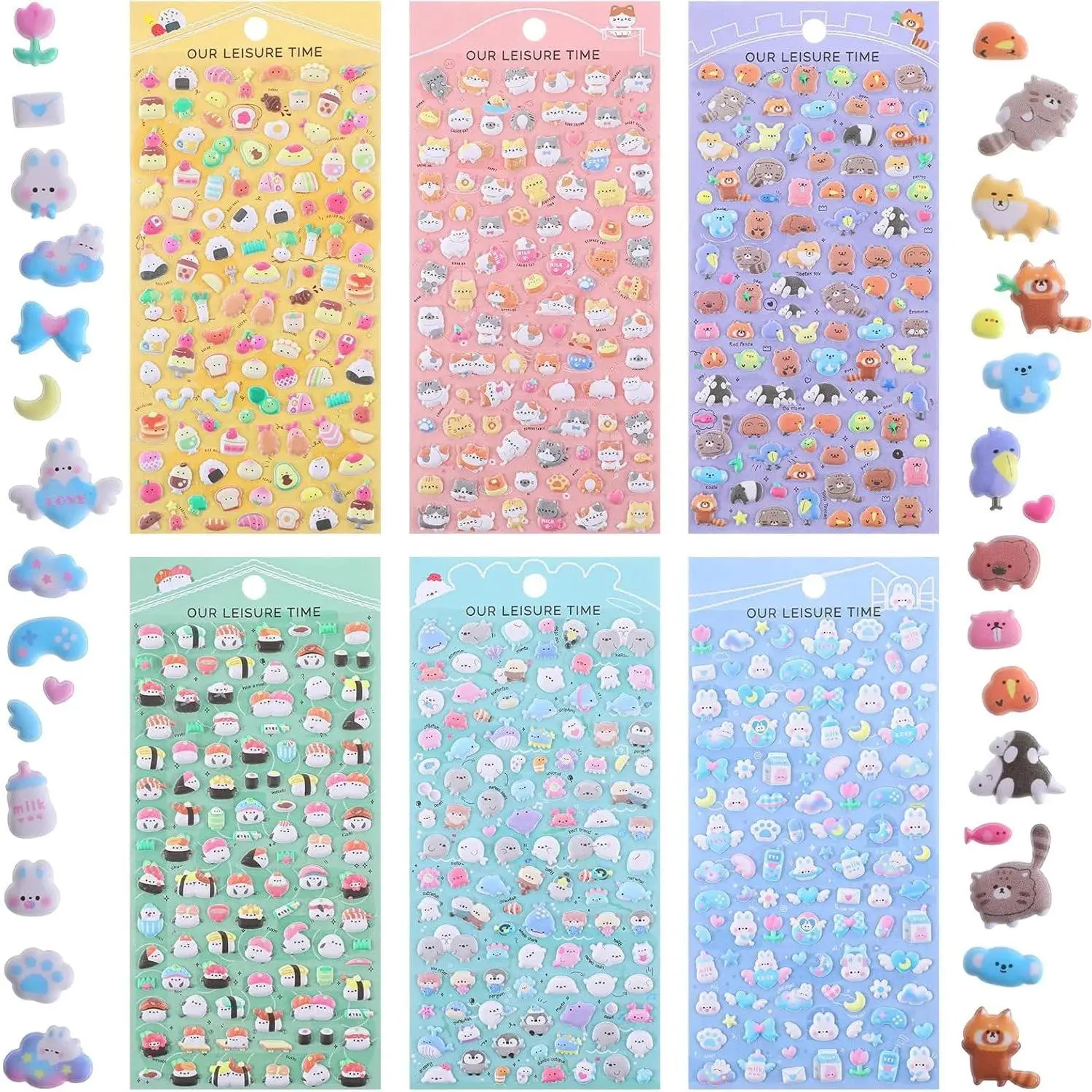 6 Sheets Mini Puffy Stickers, Cute Kawaii Small 3D Stickers for Adults, Removable Tiny Micro Sticker Includes Japanese Cartoon Animal for Phone Case Notebook Scrapbooking Craft Gift