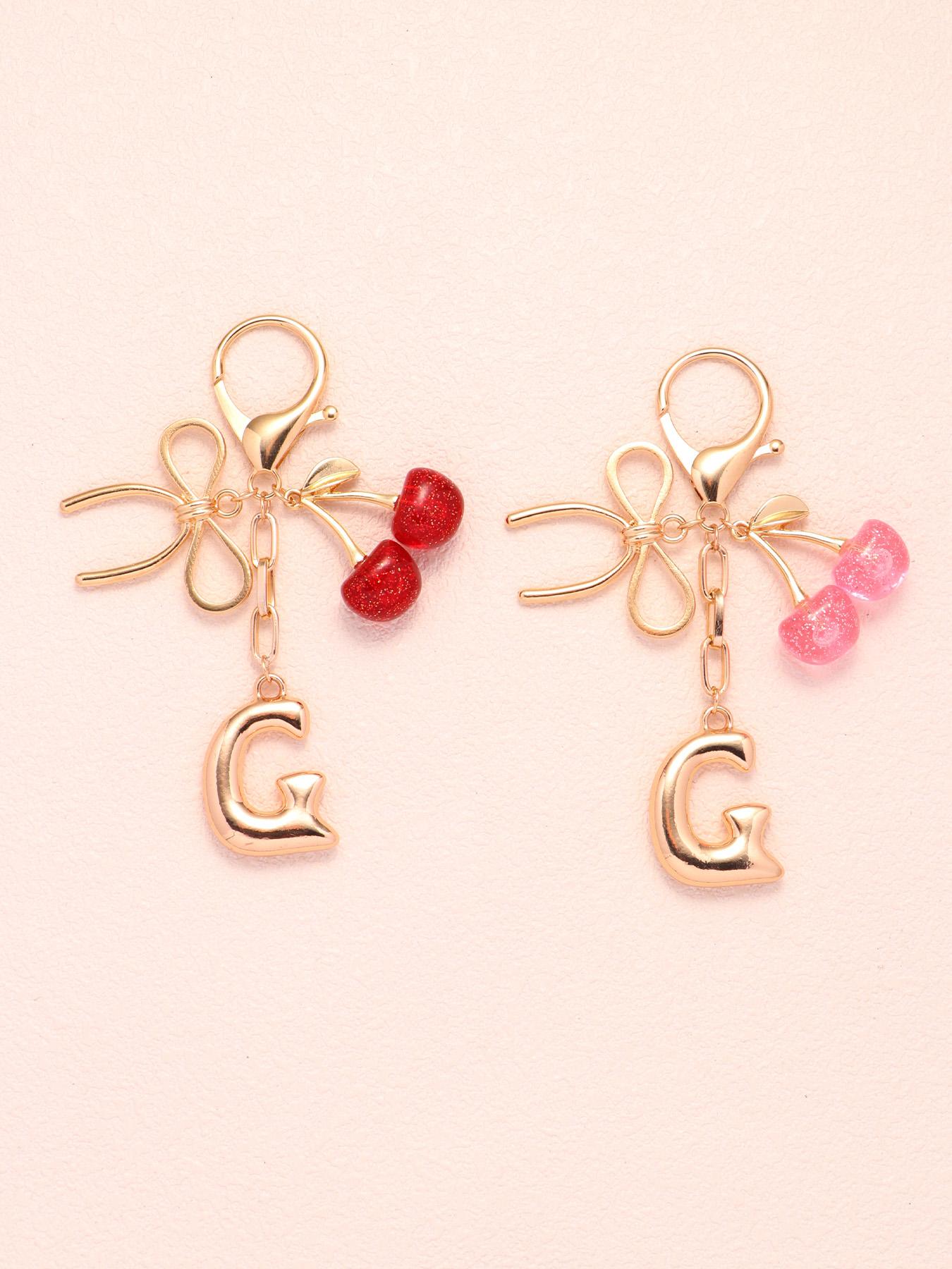 2pc Bubble Letter A-Z Keychains, Cute Initial Pendants, Metal Butterfly & Acrylic Cherry Decor, Personalized Bag Charms