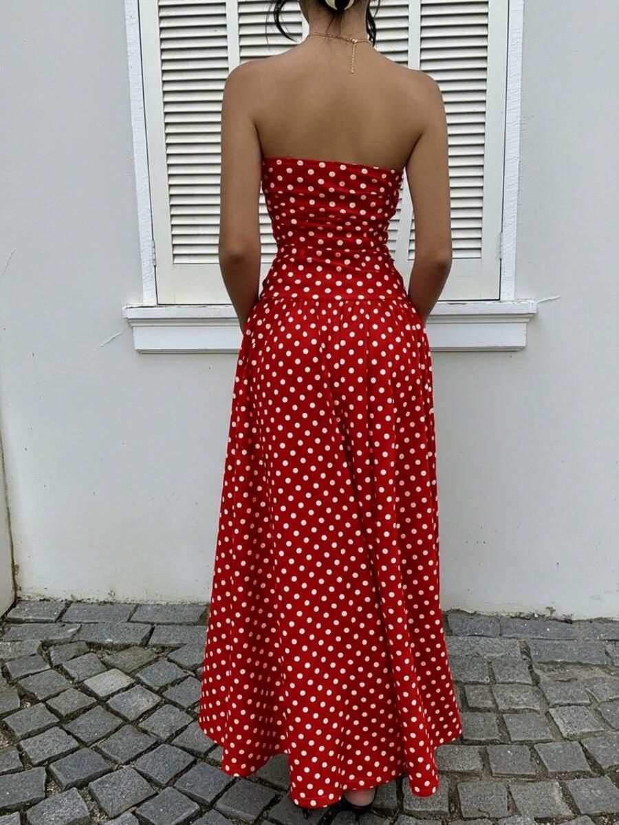 Women's Polka Dot Waist-Cropped Crop Top Dress, Vacation Style, Long Sun Dress, Casual Summer Midi Dress, Elegant Design