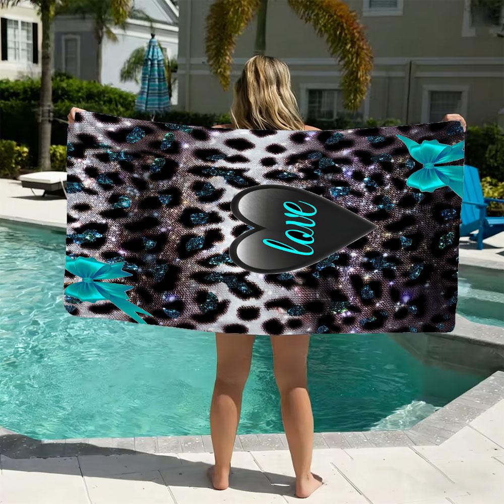 Y2K Coquette Leopard Love Beach Towel | High‑Definition Digital Print of Glitter Leopard, Teal Bows & Black Heart | Quick‑Dry Towel Towel for Pool, Beach, and Travel