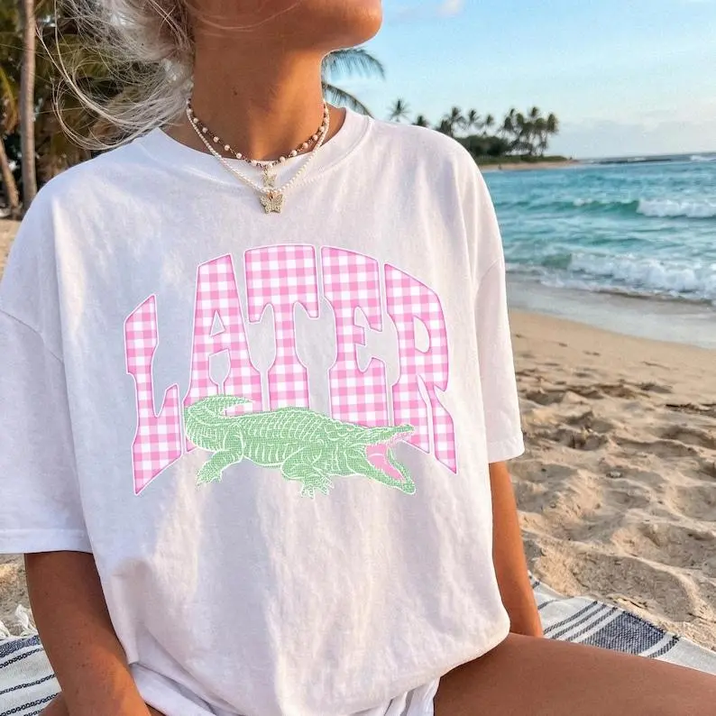 Gingham Later Gator Shirt Preppy Clothes Teens Oversized Summer Graphic Tee Trendy Crocodile Tee Preppy Vacation Tee