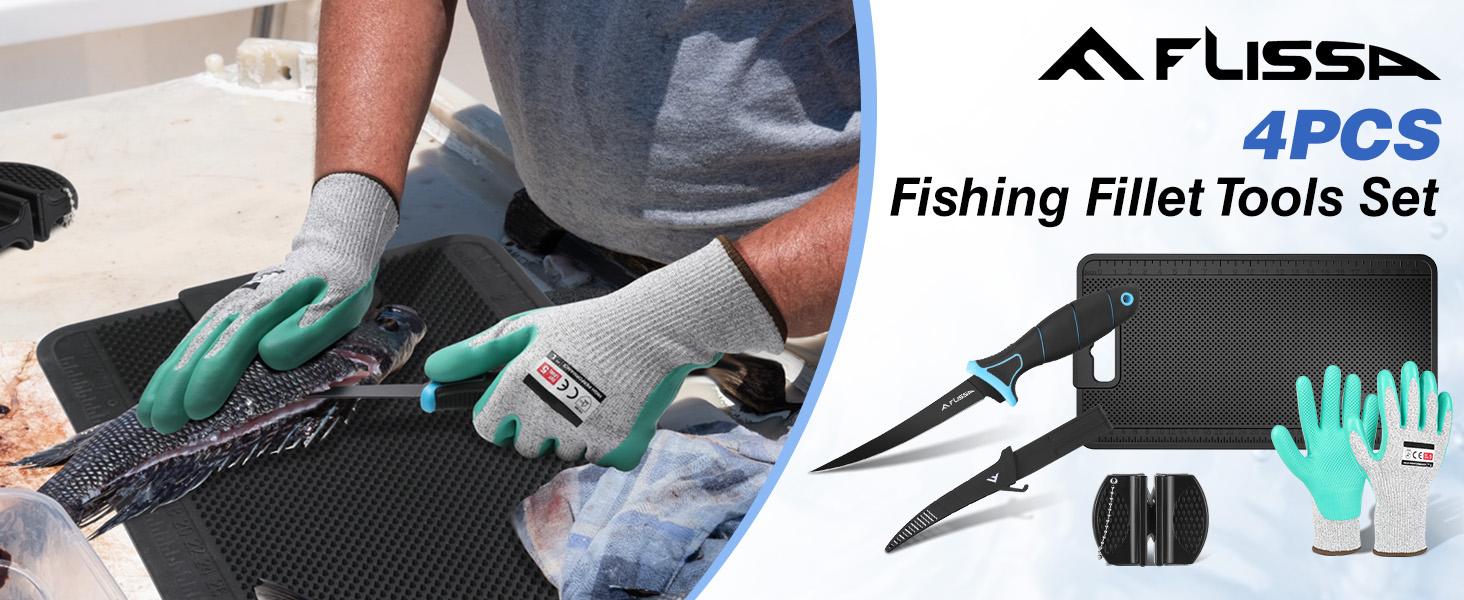 #JumpstartSale FLISSA 4-Pack Fish Fillet Set with Fillet Knife, Foldable Fish Fillet Board with Clamp, Knife Sharpener and Cut Resistant Gloves, Fish Cleaning Kit for Easy Fish Cleaning, Filleting and Cutting