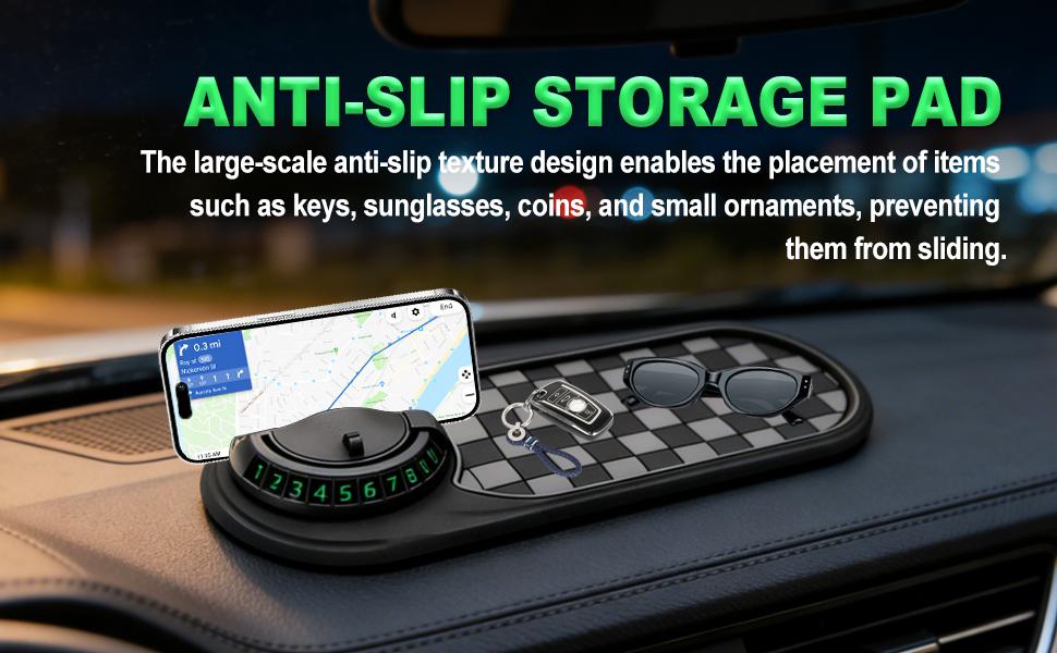 JOKG New Multifunctional Anti-Slip Rubber Pad, 4-in-1 Car Universal Dashboard Pad, 360° Rotatable Car Non-Slip Phone Pad w/Temporary Parking Number, Place Sunglasses, Keys, etc (Black & Gery)